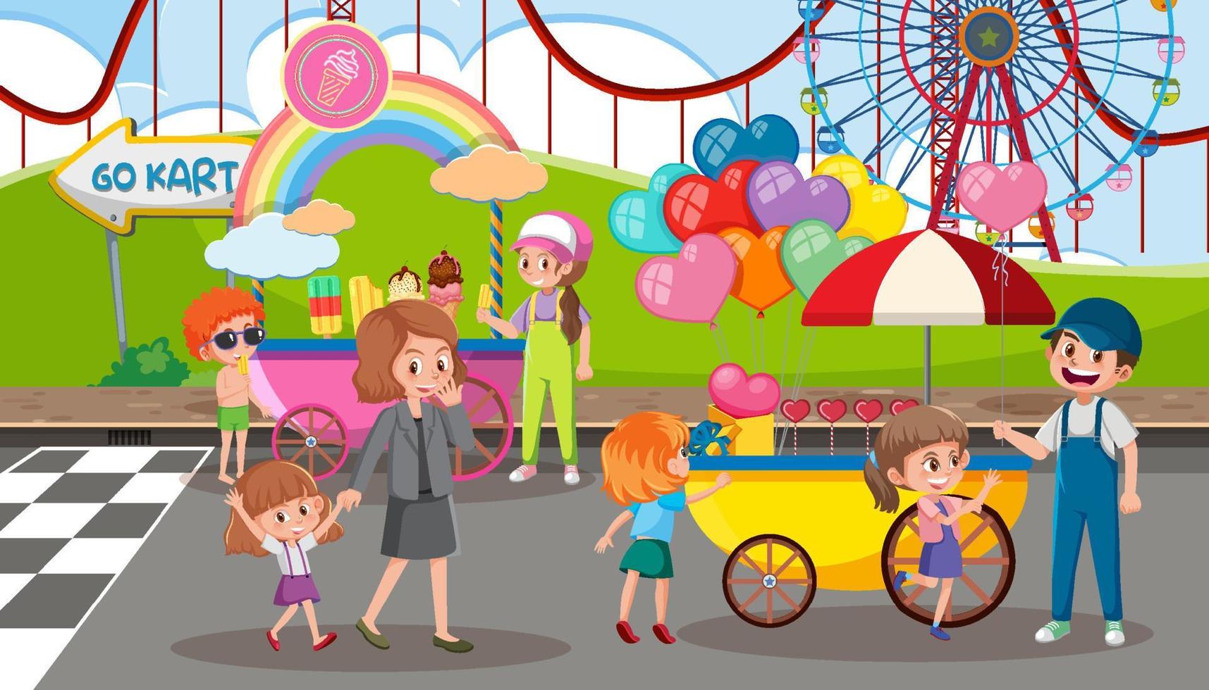 Amusement park scene with street food cart vector