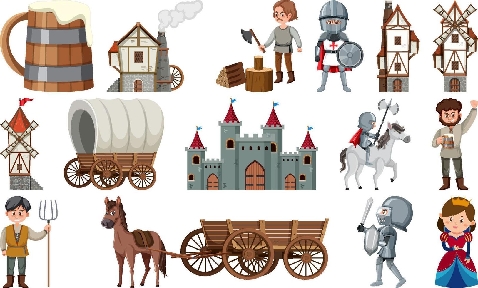 conjunto de edificios de personajes medievales vector