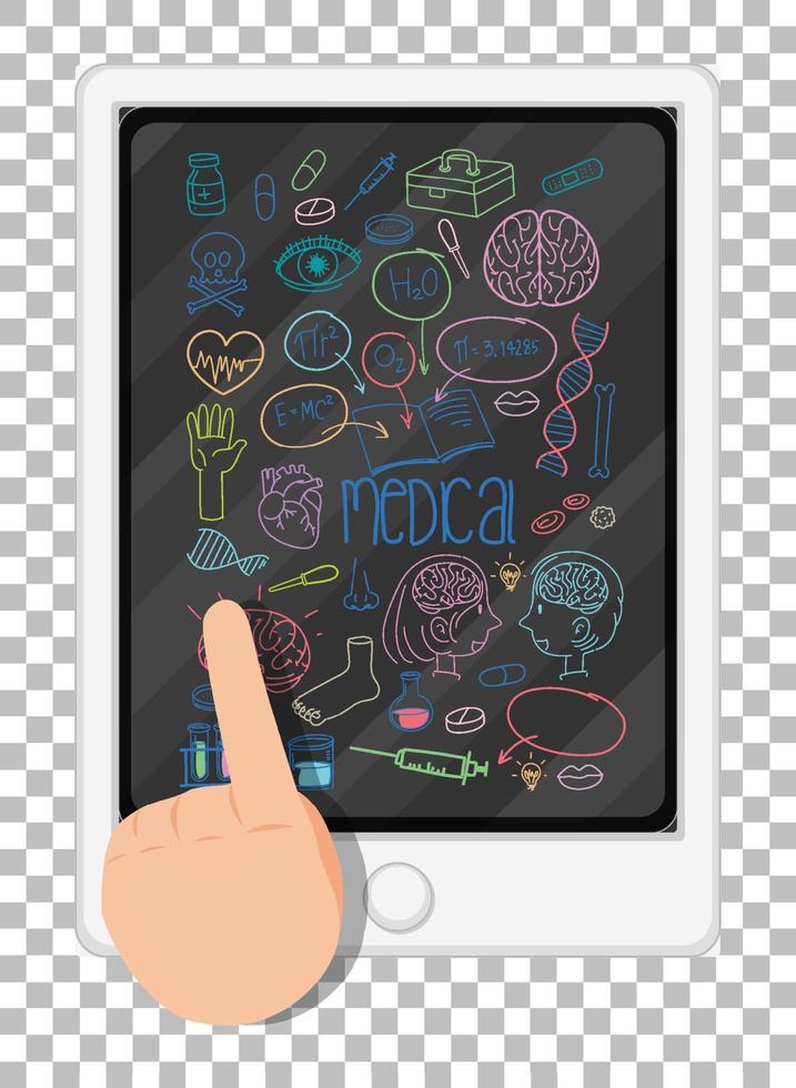 Medical doodles with ipad and finger on grid background vector