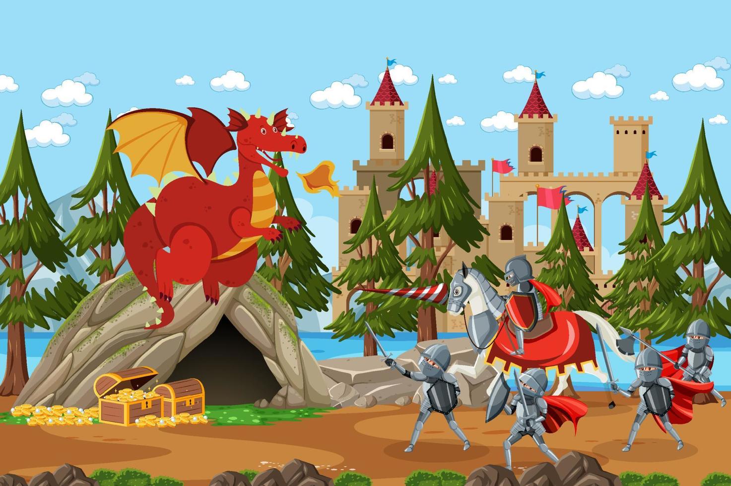 guerreros medievales que luchan con el dragón antiguo vector