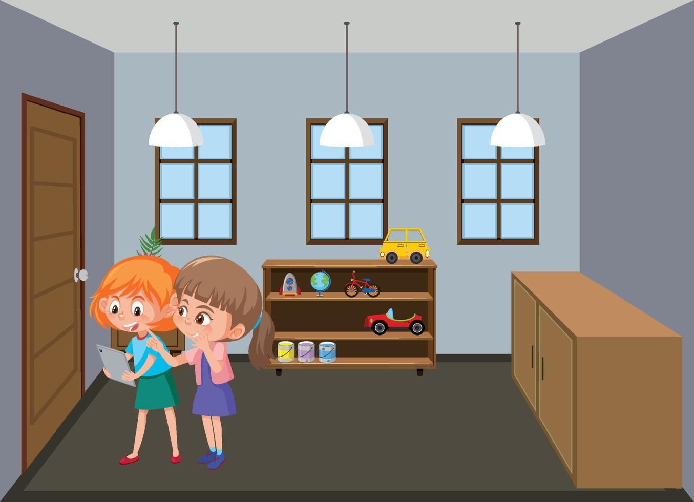 Living room scene with family members in cartoon style vector