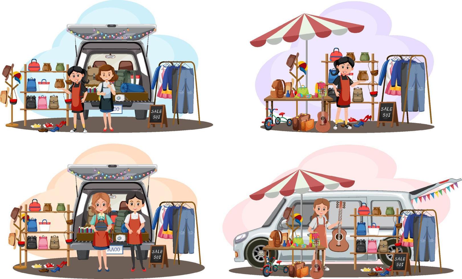 Flea market concept with set of different stores vector