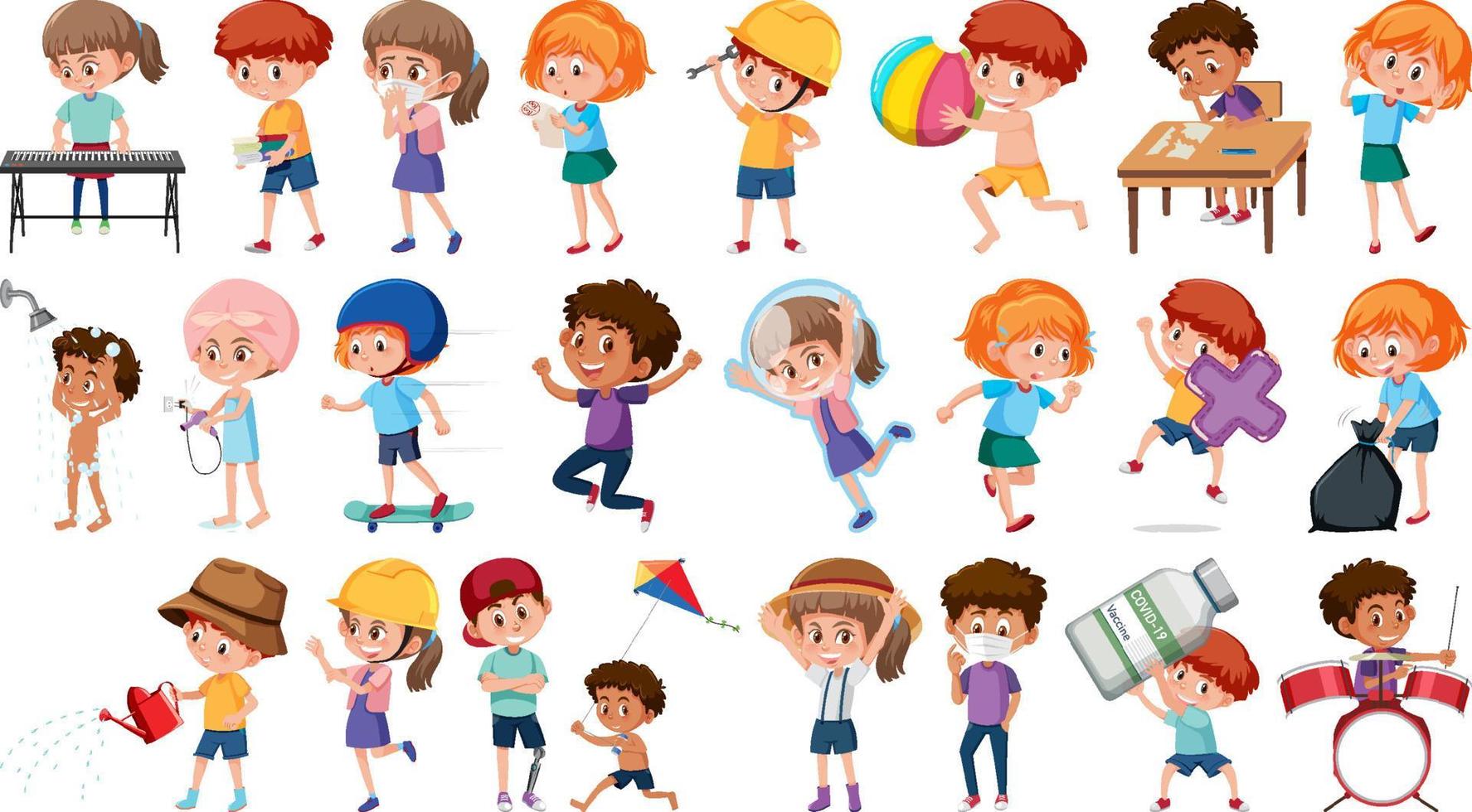 Set of children doing different activities on white background vector