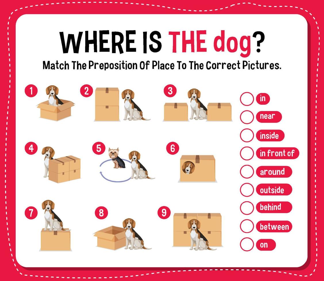 Preposition wordcard with dog and box vector