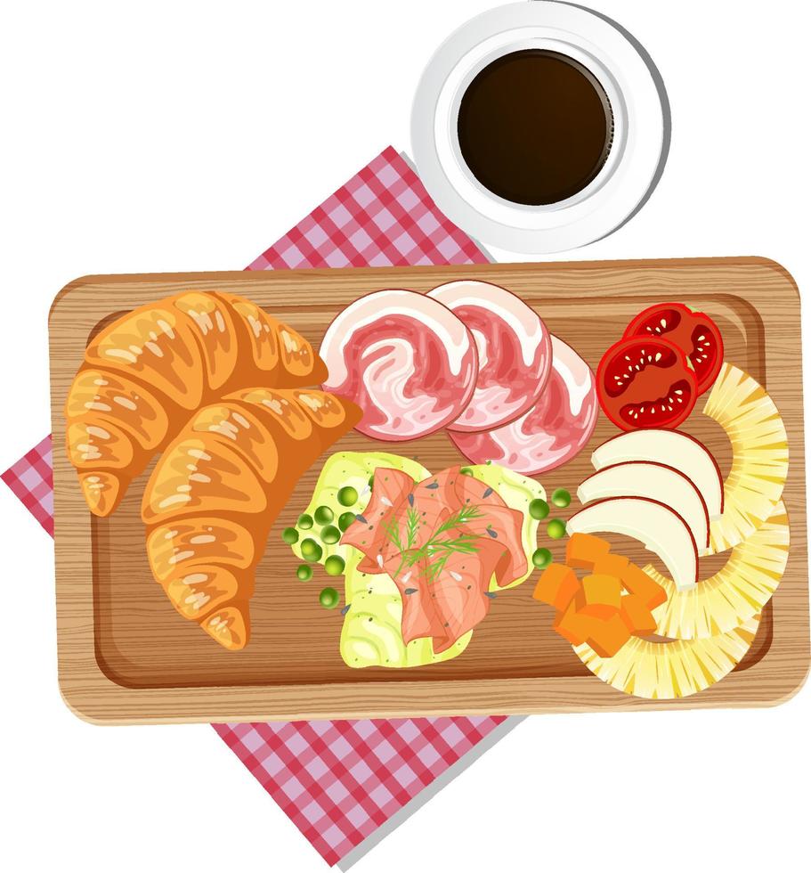 Top view of breakfast on wooden tray vector