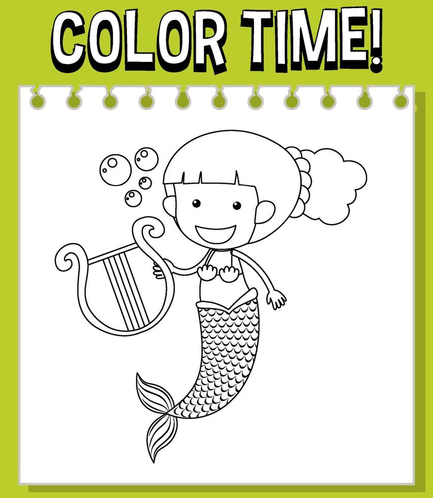 Worksheets template with color time text and Mermaid outline vector