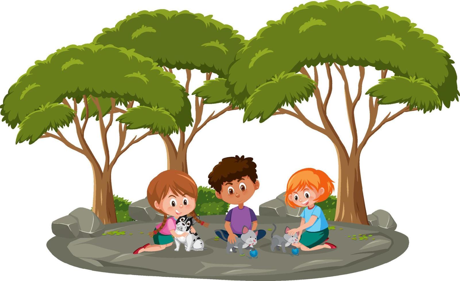 Isolated outdoor park with children playing with their pets vector