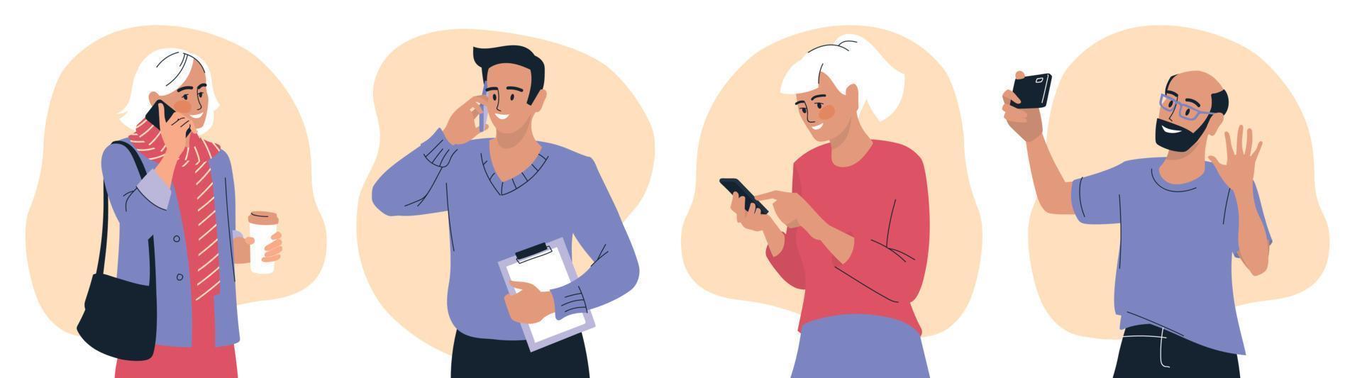 personas con teléfono. una mujer está hablando por teléfono, un hombre está llamando por teléfono. conjunto de imágenes vectoriales. vector