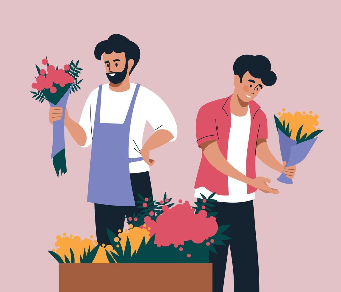 People with flowers. Men sell bouquets of flowers. Vector image.