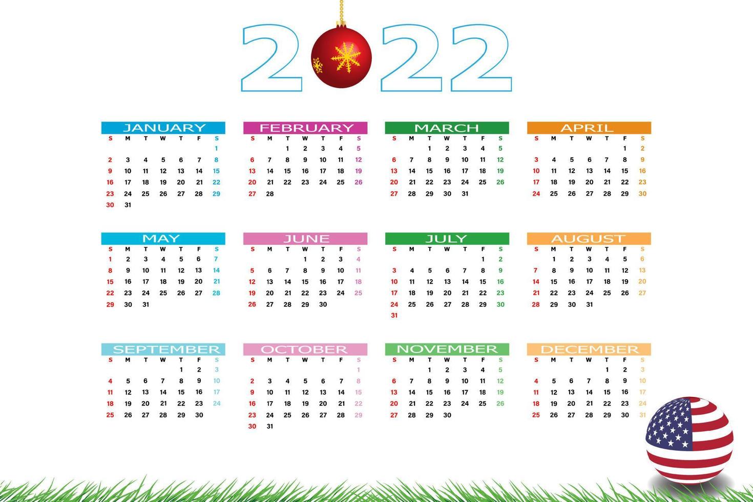 Calendar 2022 template on a white background. United States flag on a decorative ball. Week starts on Sunday, holidays in red colors. Vector illustration.