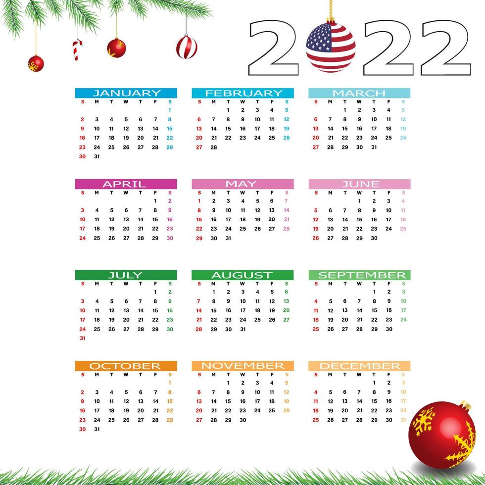 Calendar 2022 template on a white background. Week starts on Sunday, holidays in red colors. Vector illustration.