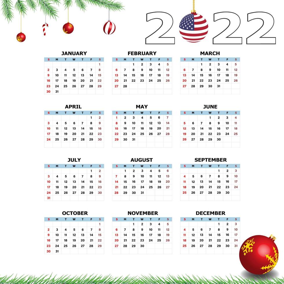 Calendar 2022 template on a white background. Week starts on Sunday, holidays in red colors. Vector illustration.