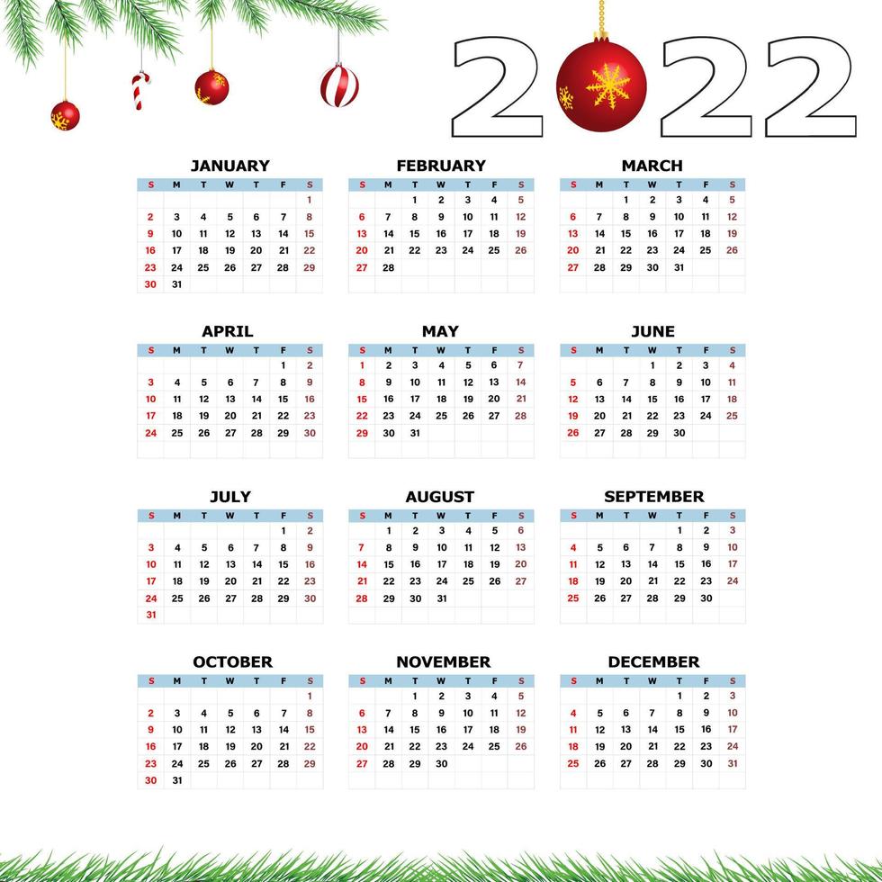 Calendar 2022 template on a white background. Week starts on Sunday, holidays in red colors. Vector illustration.