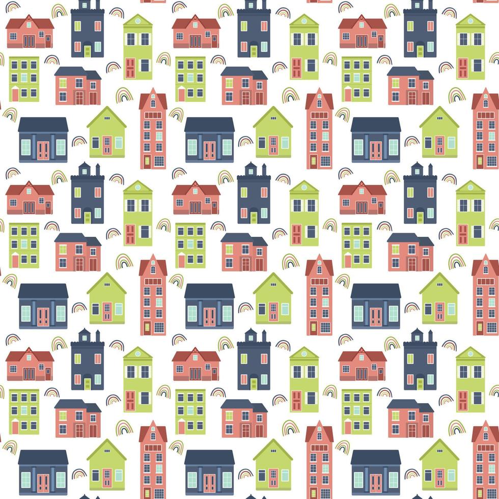 Vector seamless pattern with houses and rainbow