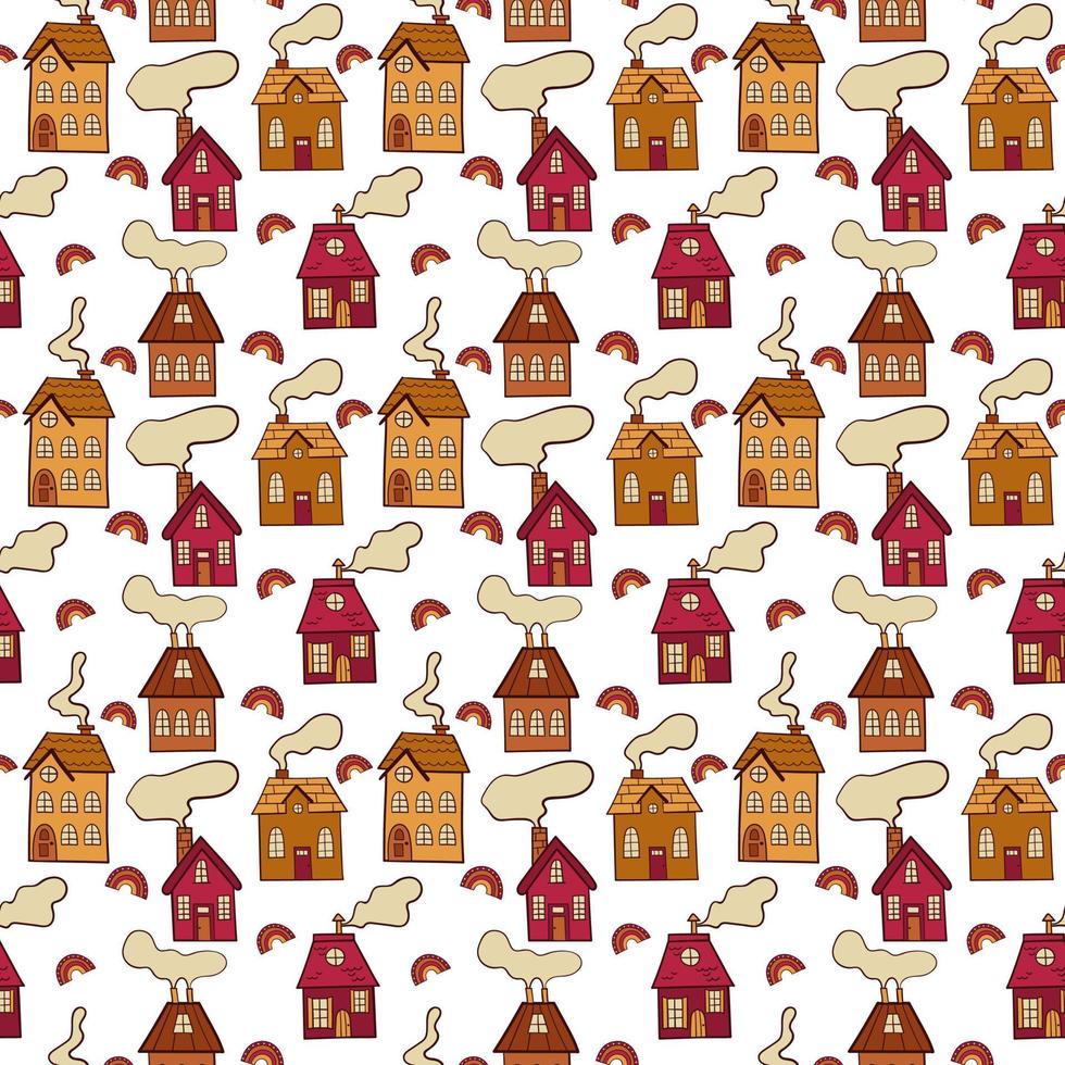 Vector seamless pattern with houses and rainbow. hand drawing