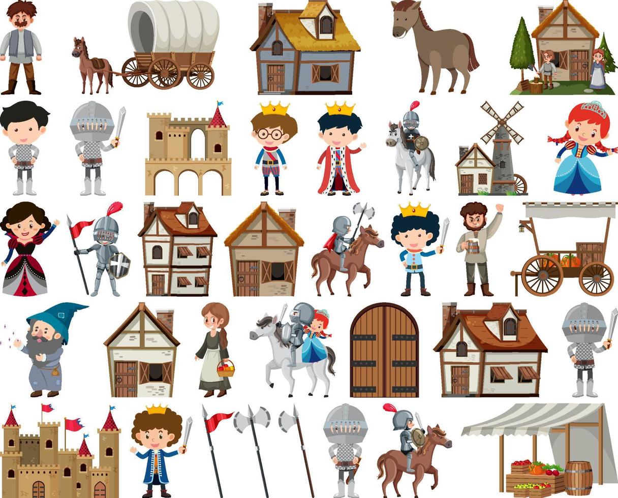 Medieval characters buildings set vector