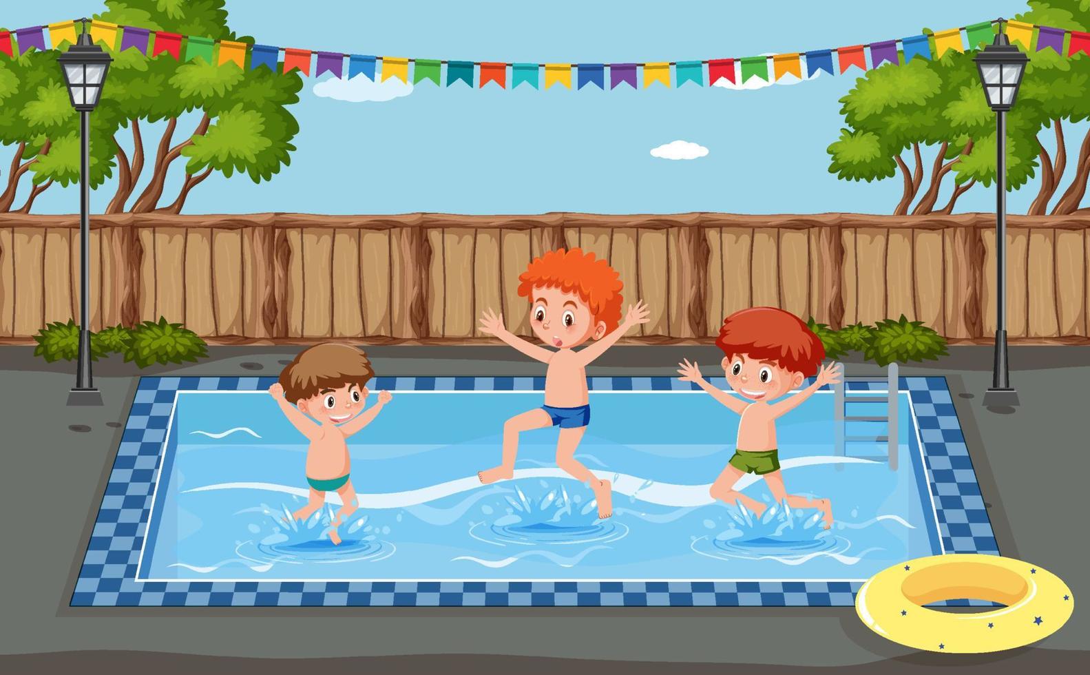 escena de la piscina al aire libre con niños vector