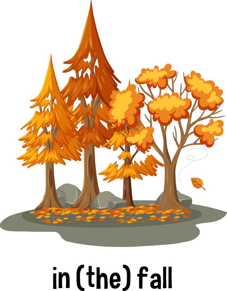 preposiciones de tiempo en inglés con escena de temporadas de otoño vector