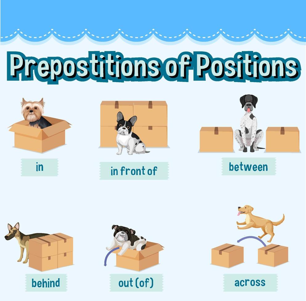 Prepostion wordcard design with dog and boxes vector
