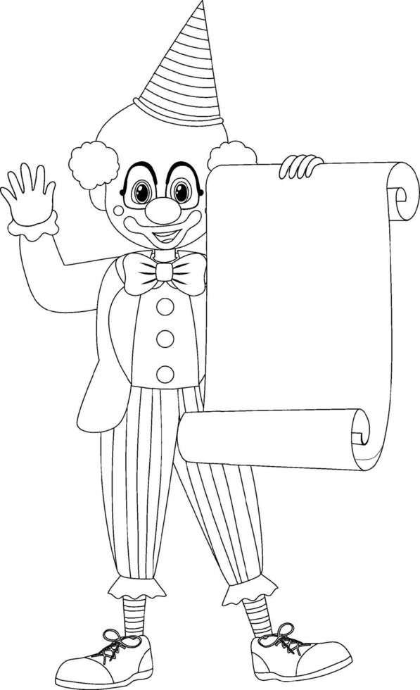 Clown hold paper scroll black and white doodle character vector