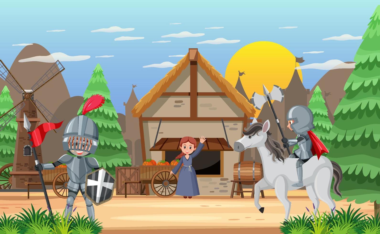 Medieval town scene with villagers vector