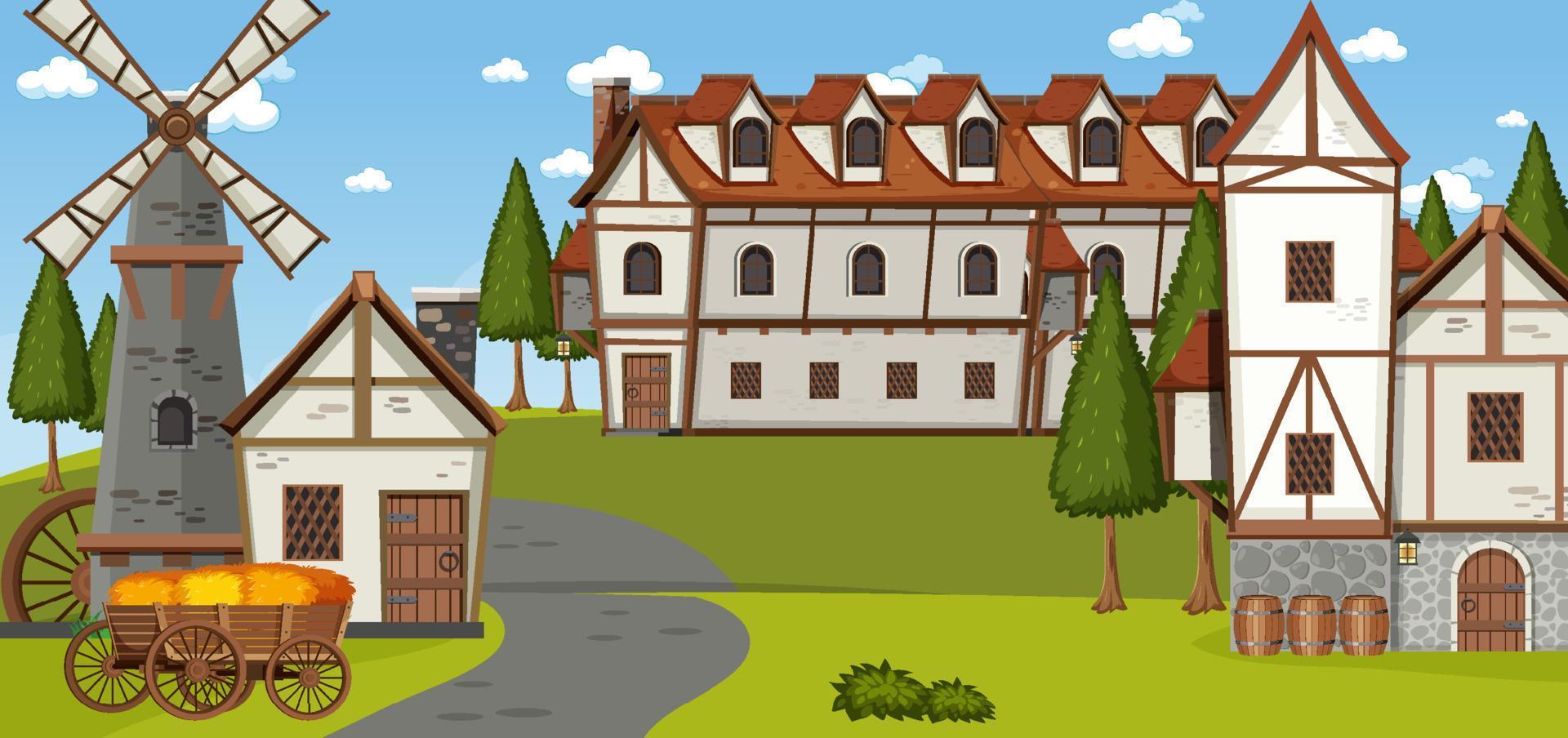 Medieval village scene background vector