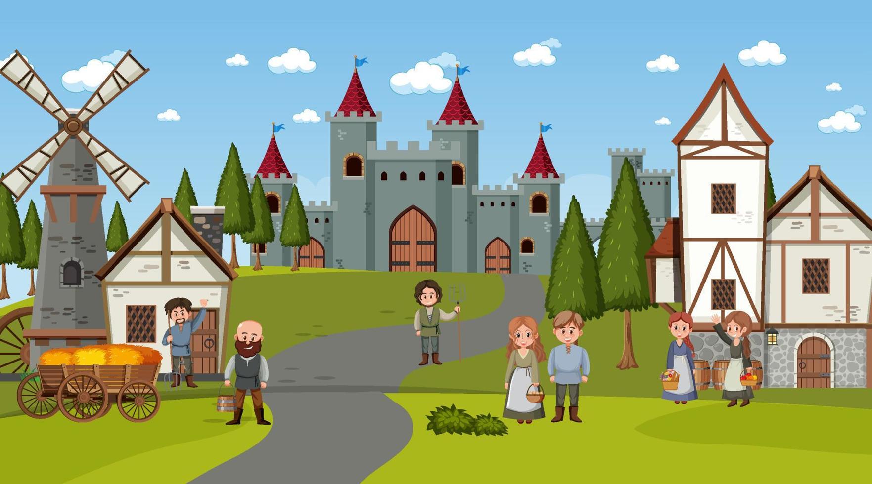 escena de la ciudad medieval en estilo de dibujos animados vector