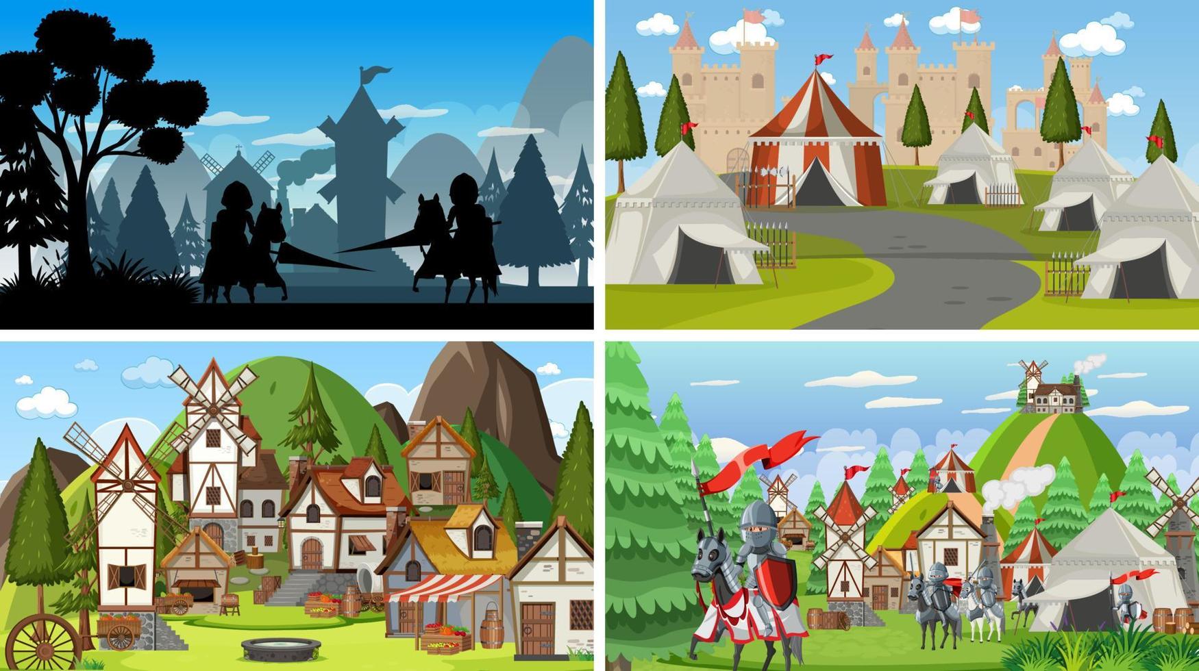 Set of different scene medieval with silhouette vector