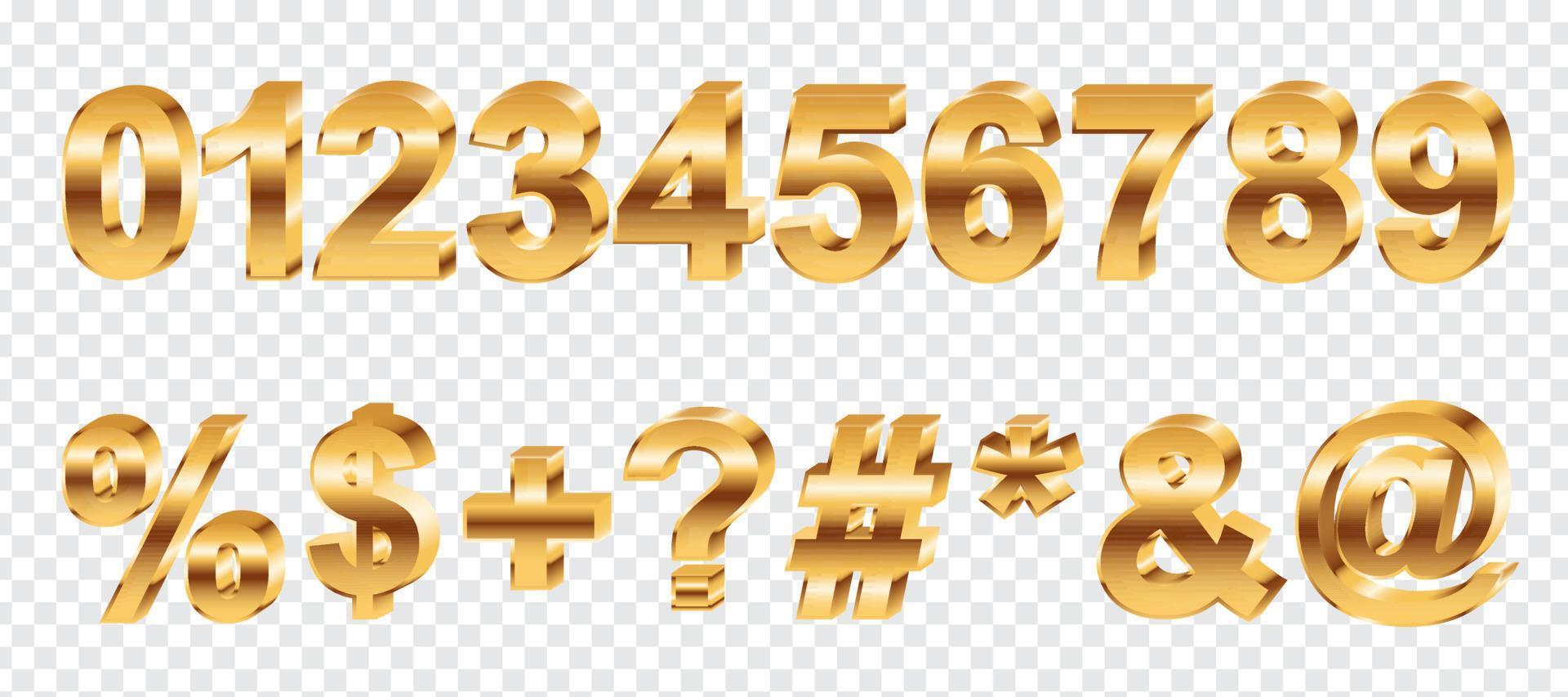 Realistic 3d bold numbers and symbol set. Vector illustration of golden