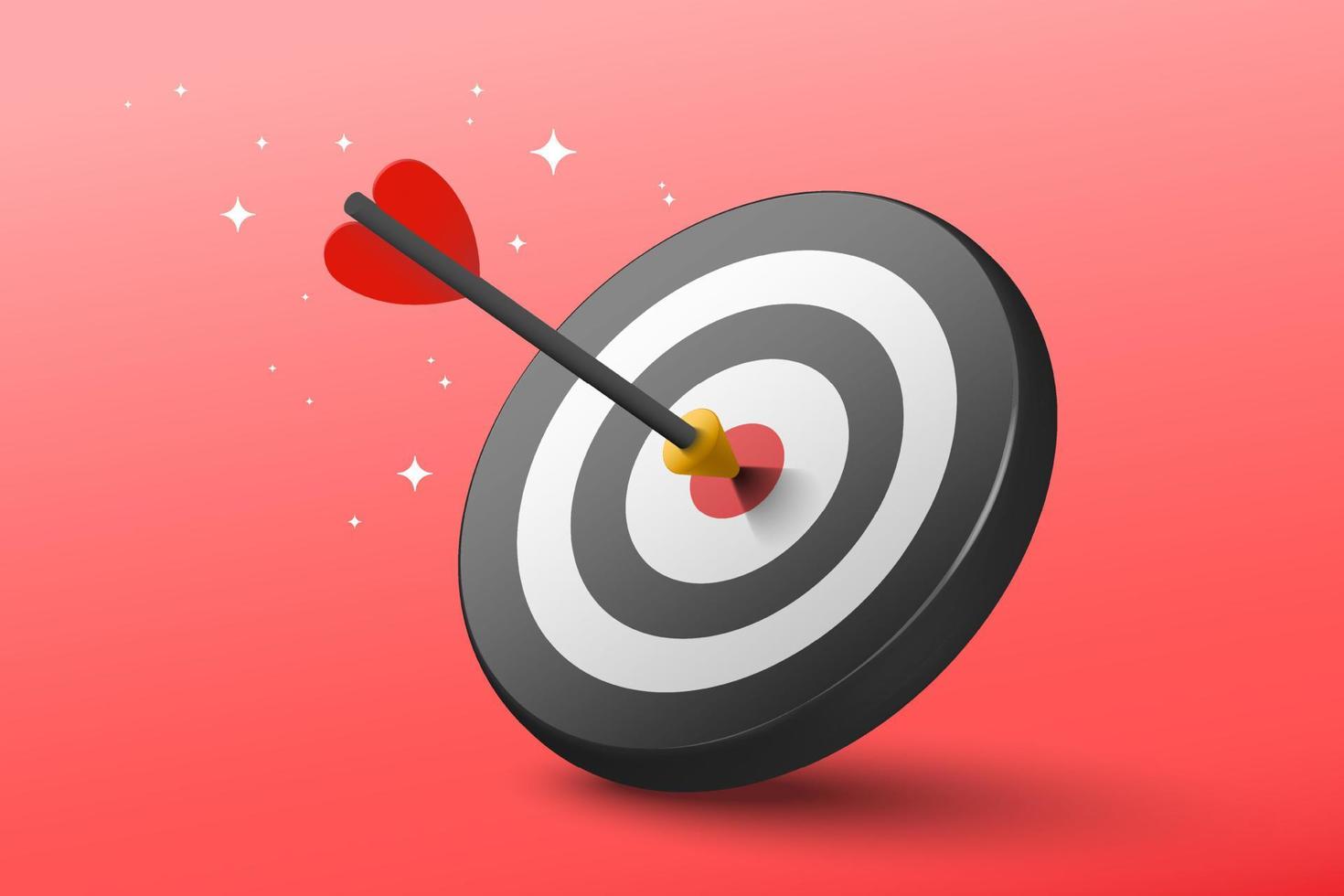 3d Red dart hit to center of dartboard. Arrow on bullseye in target. Business success, investment goal, opportunity challenge, aim strategy, achievement focus concept. 3d realistic vector illustration