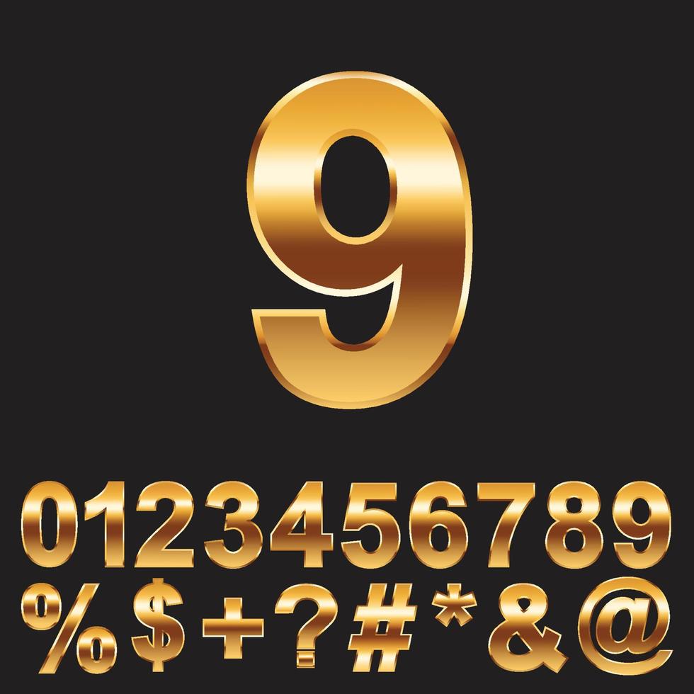 Golden number and symbol collection. realistic gold alphabet set. vector illustration