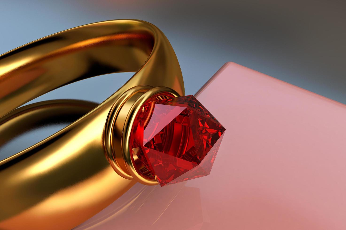 Golden ring with a large diamonds on a pink stand close-up photo