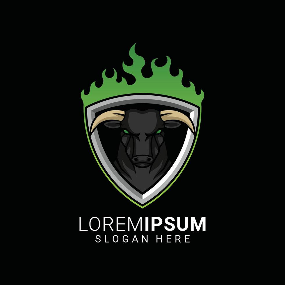 cara de cabeza de toro con ilustración de escudo y fuego para vector de diseño de logotipo de esports