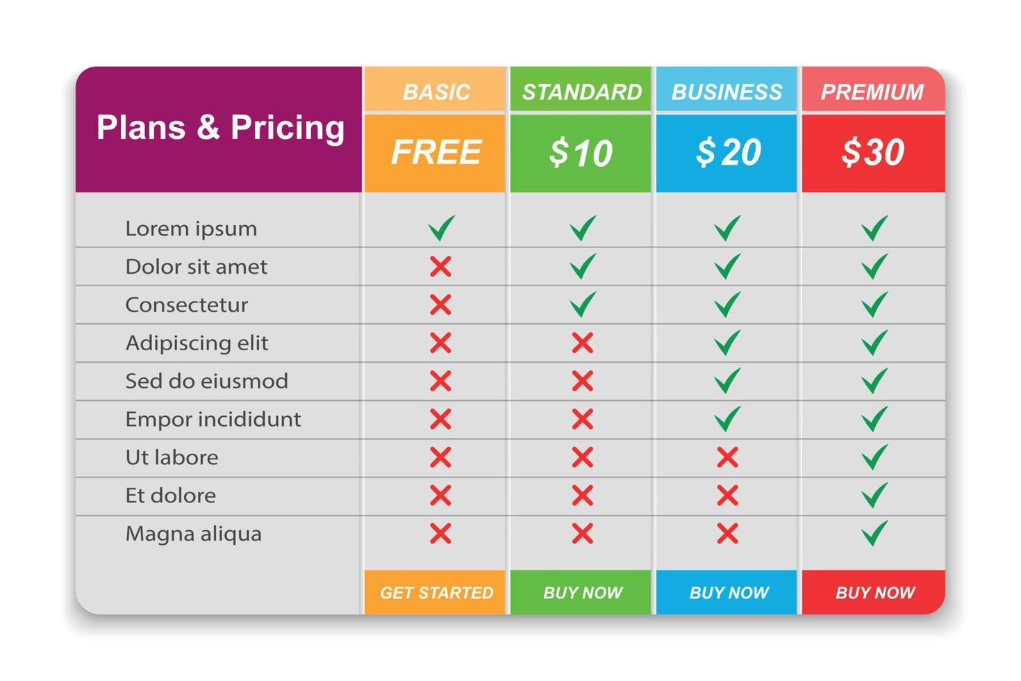 Comparison pricing table. vector