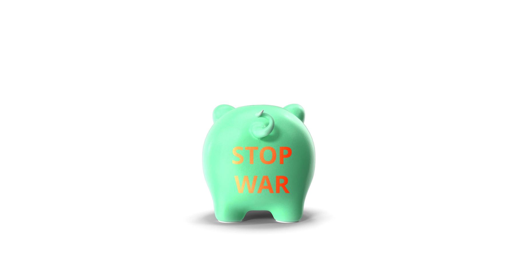 Stop war text on the back Piggy Bank. 3D work and 3D illustration photo