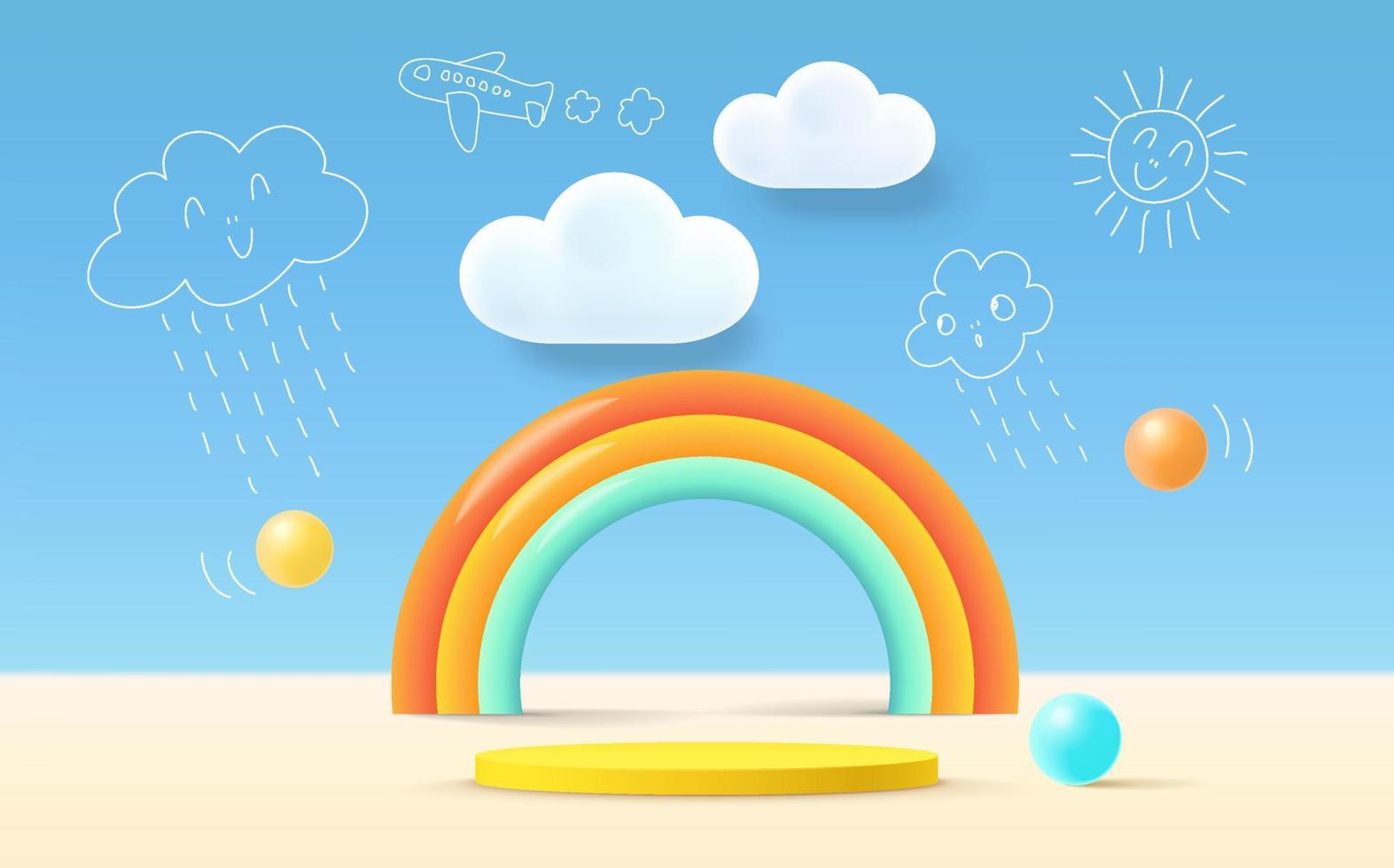 Estilo infantil de podio de representación 3d, fondo colorido, nubes y clima con espacio vacío para niños o productos para bebés vector