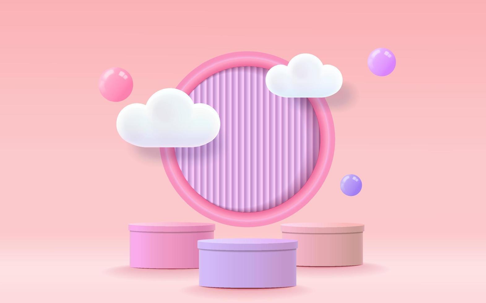 Podio de renderizado 3d, fondo pastel colorido, nubes y espacio vacío para niños o productos para bebés vector