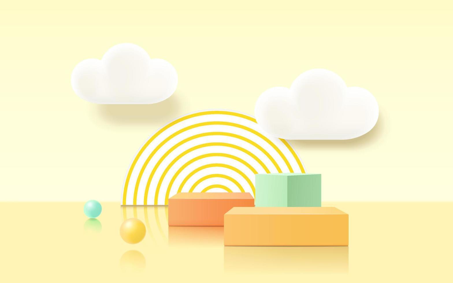 Podio de renderizado 3d, fondo pastel colorido, nubes y clima con espacio vacío para niños o productos para bebés vector