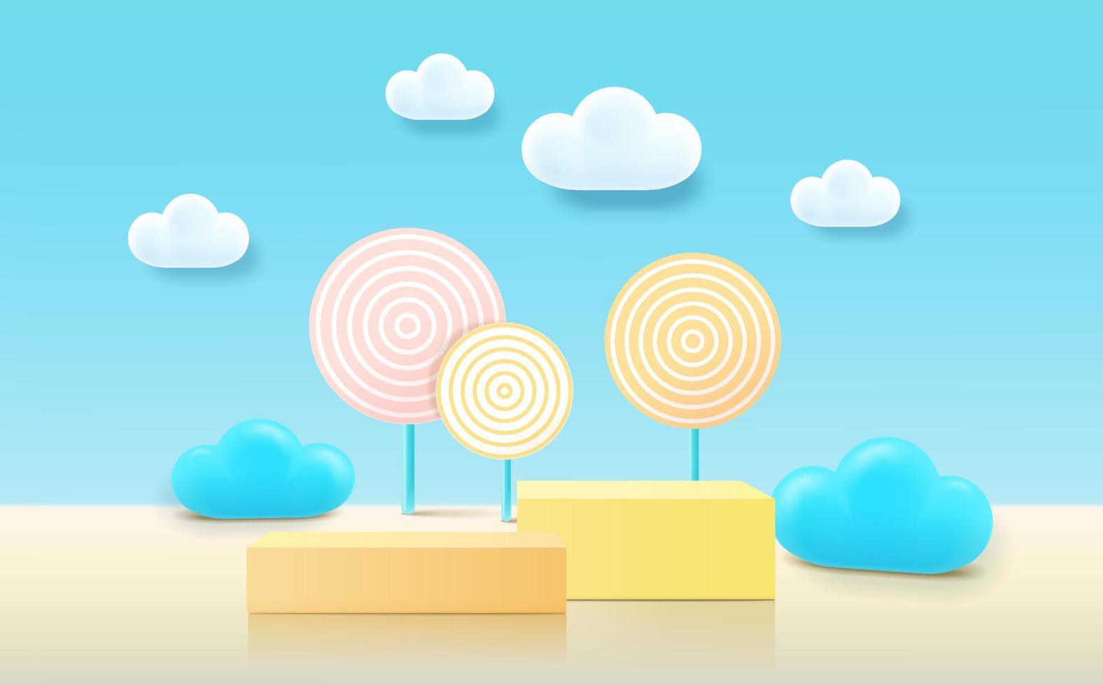 Podio de renderizado 3d, fondo pastel colorido, nubes y clima con espacio vacío para niños o productos para bebés vector