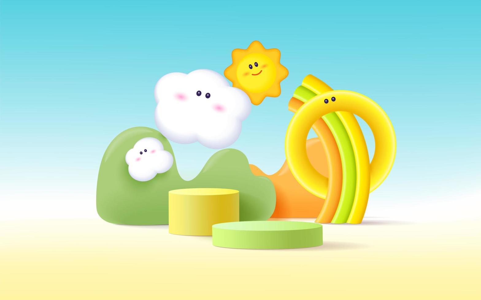 3d product podium, pastel color background, clouds, sun and weather with empty space for kids or baby product. vector