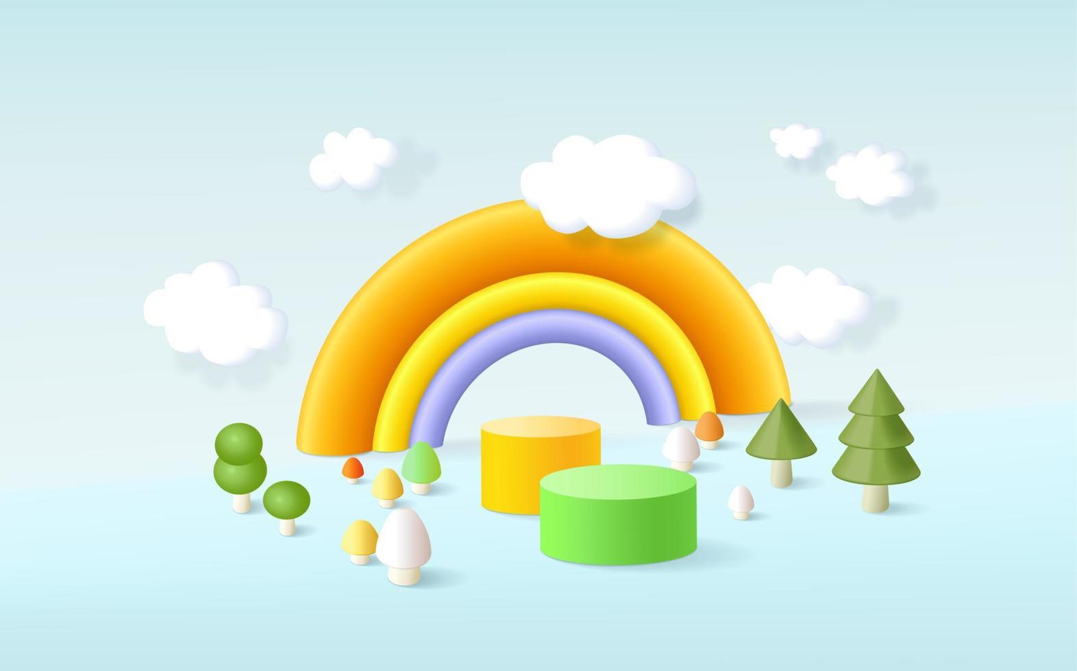 Podio de representación 3d, fondo colorido, nubes y clima con espacio vacío para niños o productos para bebés. vector