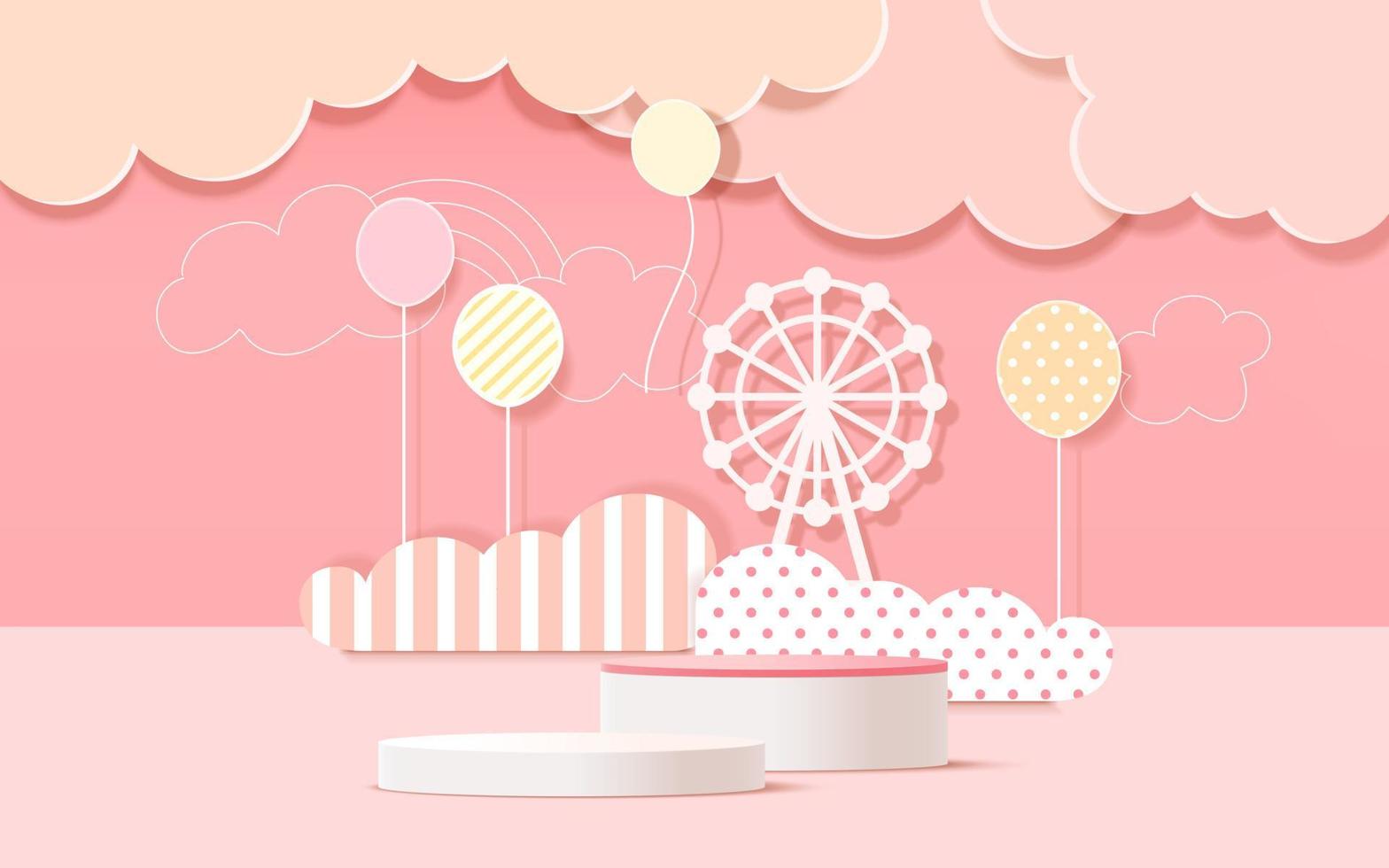 Podio de producto 3d, fondo de color pastel, nubes, clima con espacio vacío para niños o productos para bebés. vector