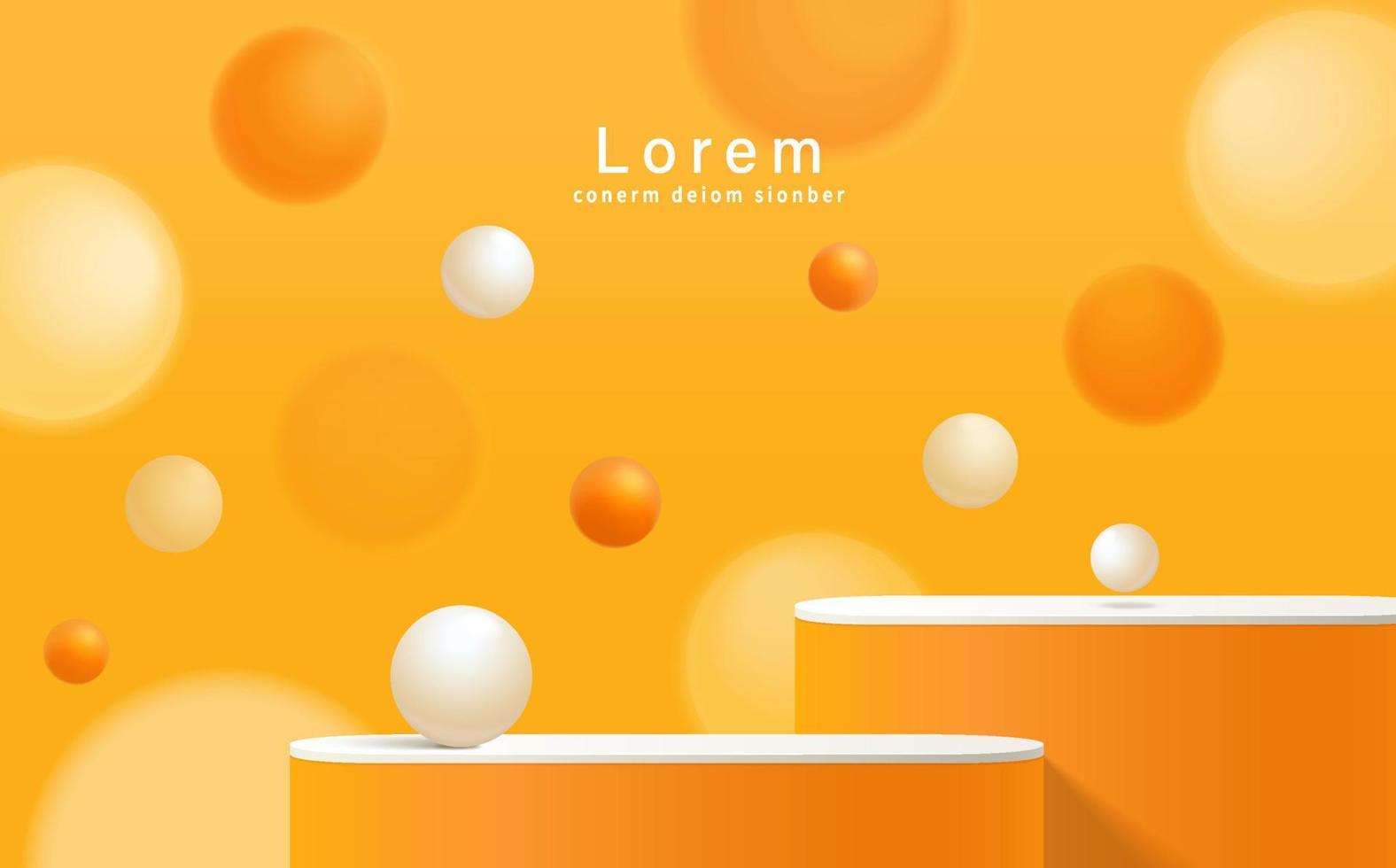 Minimal abstract scene with podium, air flying geometric bubble shapes on orange background. vector