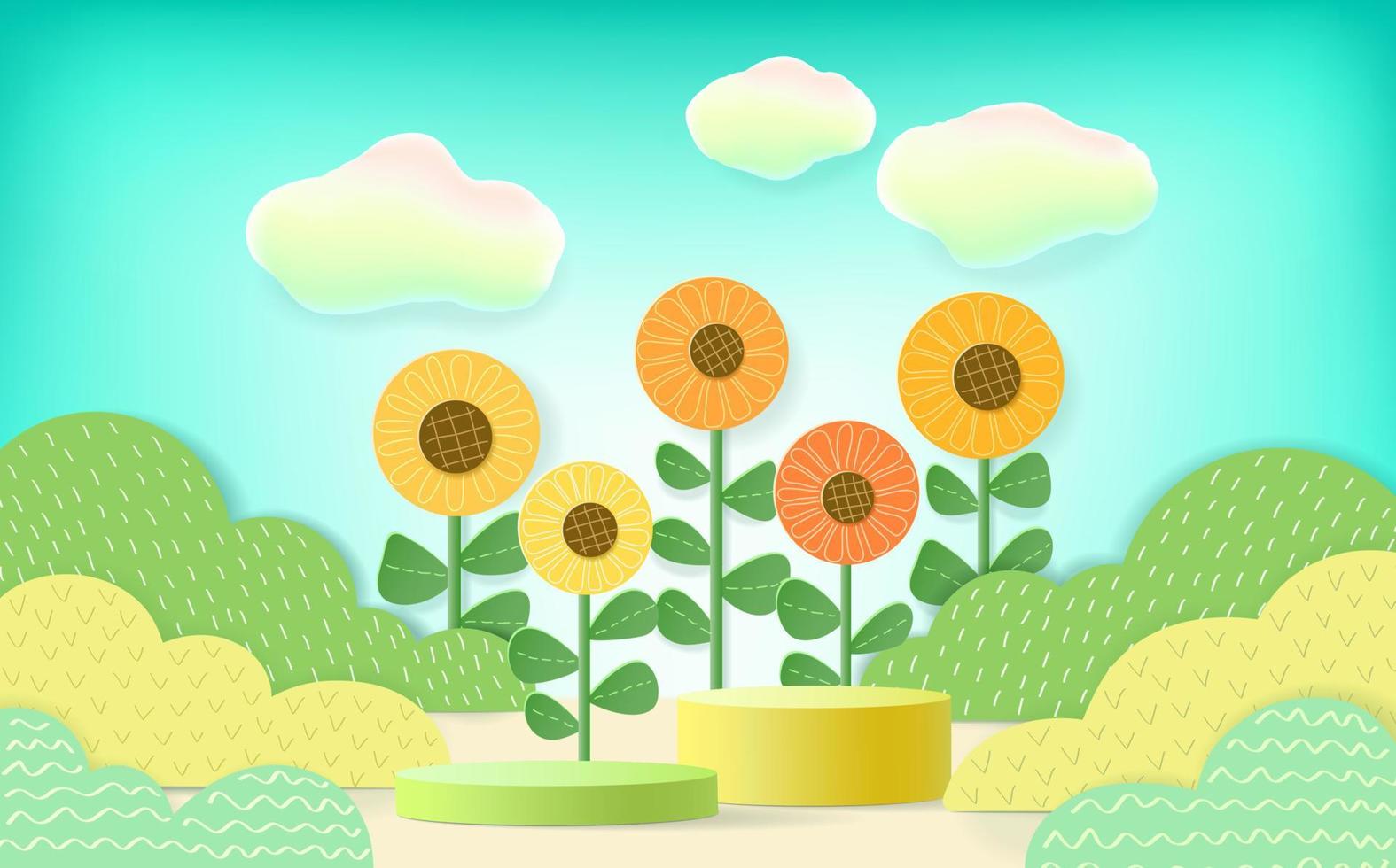 Paper cut leaves and flowers frame podium platform for product presentation. vector