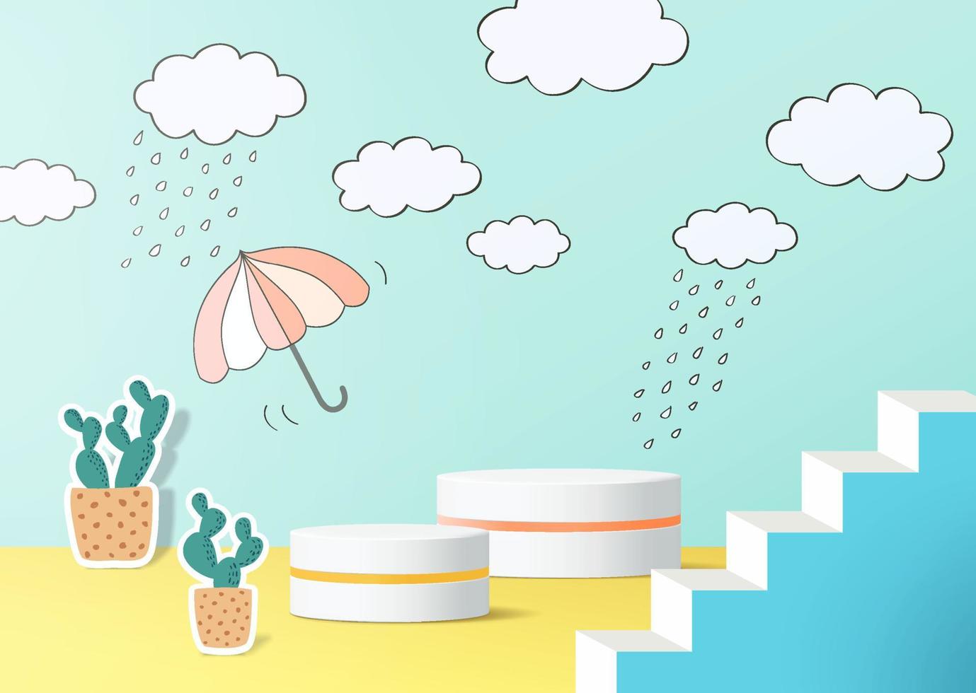 3d product podium with hand drawn weather background, empty space for kids or baby product. vector