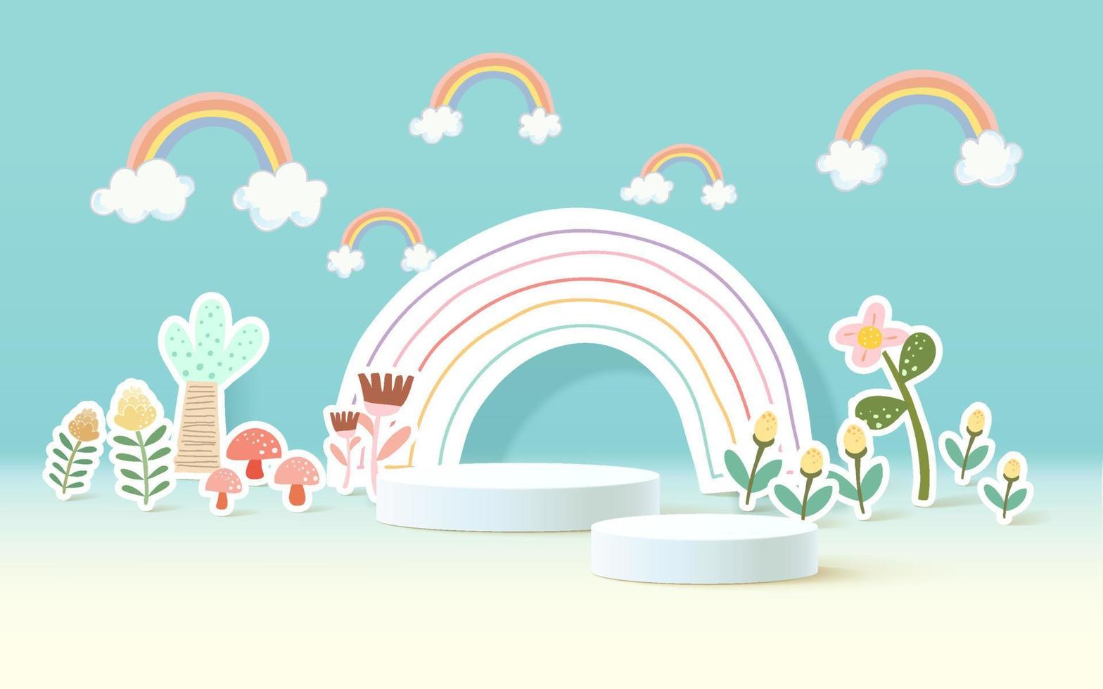 Paper cut landscape banner with rainbow and clouds made in realistic paper craft art. Kids colorful podium product display vector