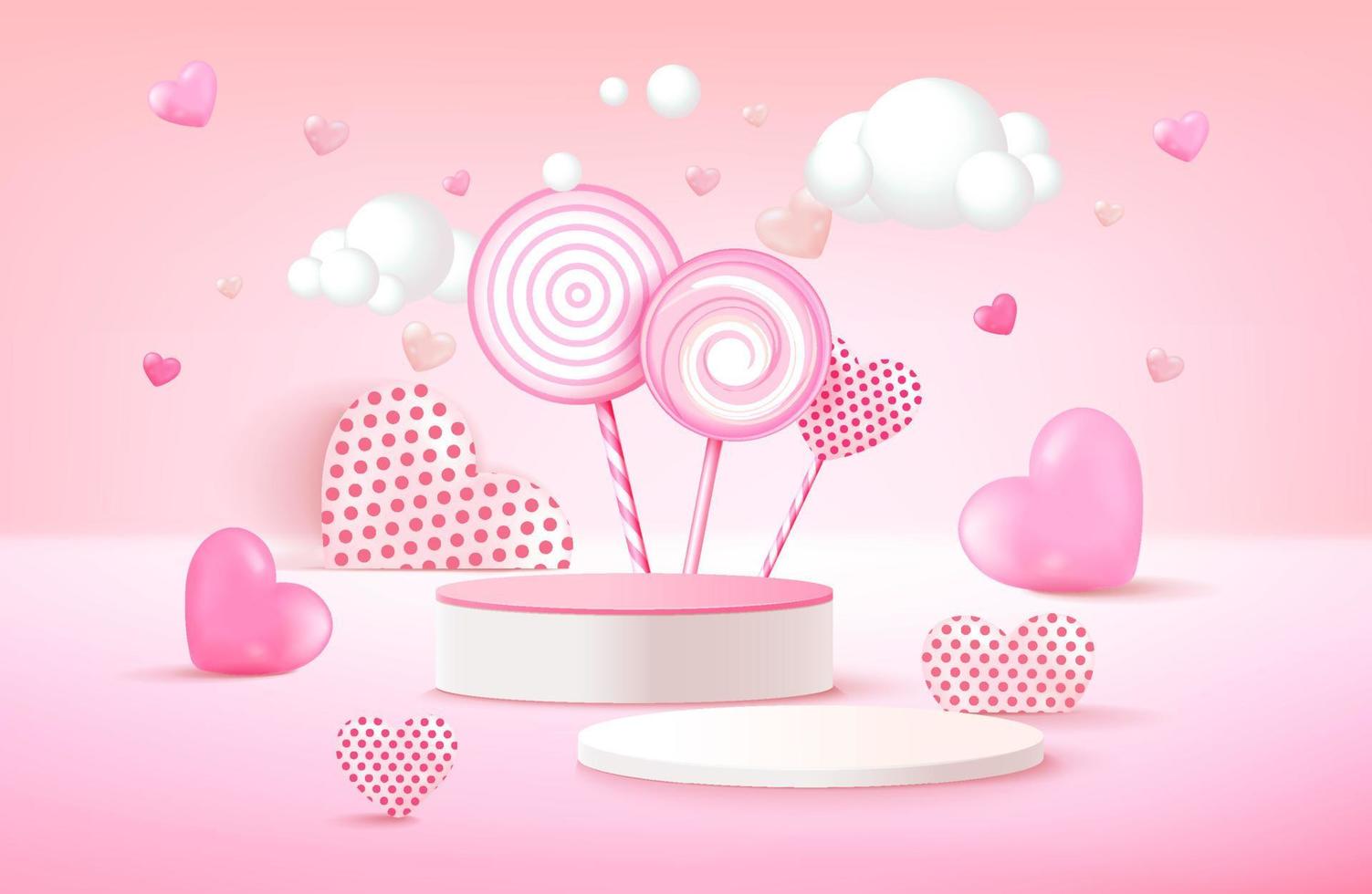 Valentine's day banner template with 3D hearts, shining lights and podium. Vector illustration
