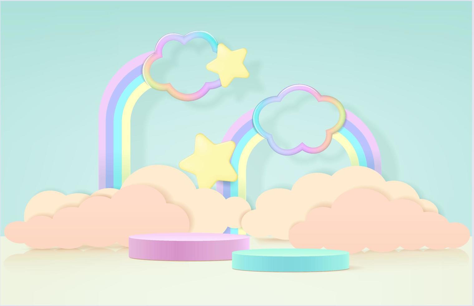 Stage podium decor with rainbows shape, clouds. 3d pedestal summer scene or platform for product stand. Vector illustration. Round podiums for kids product presentation.