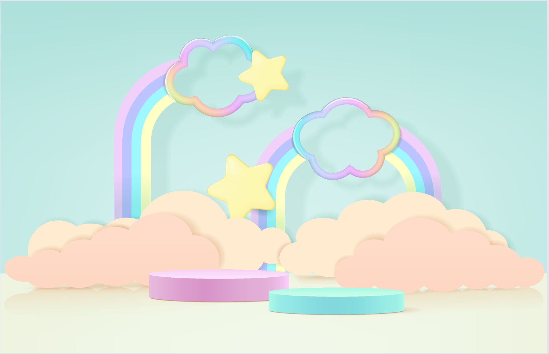 Stage podium decor with rainbows shape, clouds. 3d pedestal summer scene or  platform for product stand. Vector illustration. Round podiums for kids  product presentation. 6588946 Vector Art at Vecteezy