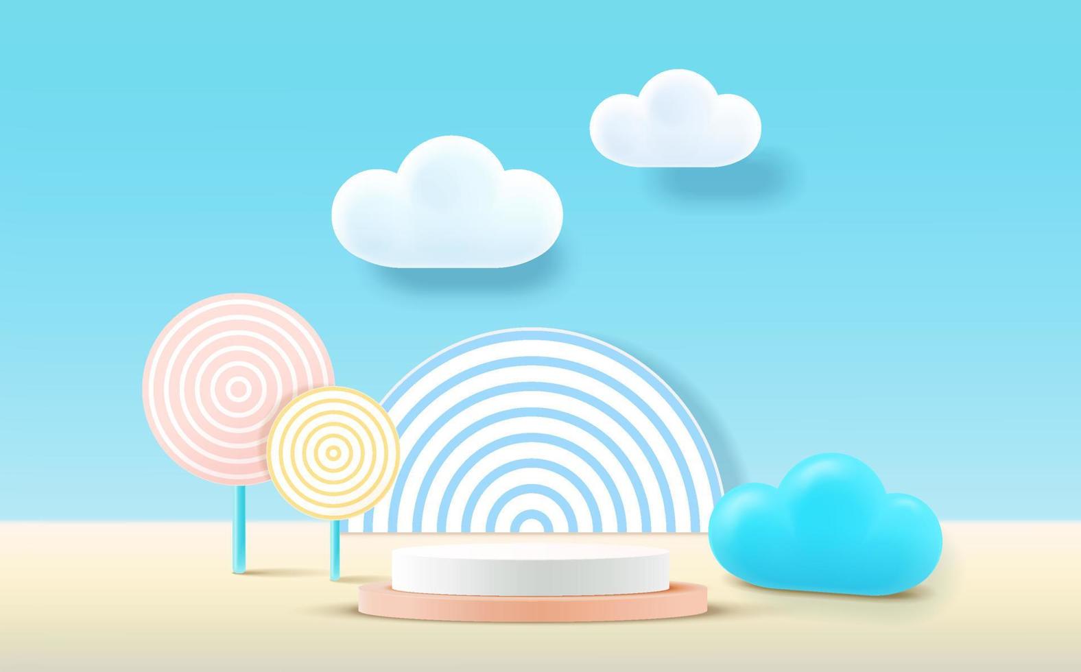 Podio de renderizado 3d, fondo pastel colorido, nubes y clima con espacio vacío para niños o productos para bebés vector